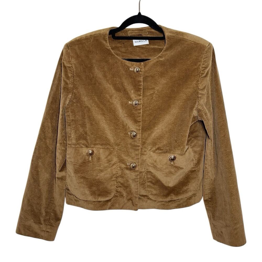 Marella Camel Brown Corduroy Chic Gold Button Crewneck Jacket - 8 $495